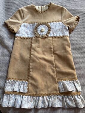 Girls' Tan Corduroy Dress with Floral Trim